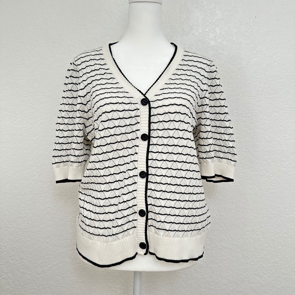 Halogen Cardigan Sweater Stretch Medium Cotton White Black Short Sleeve V-Neck